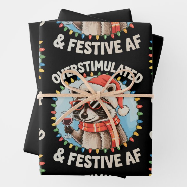 Overstimulated And Festive Af Feral Raccoon Xmas Wrapping Paper Sheets (In situ)
