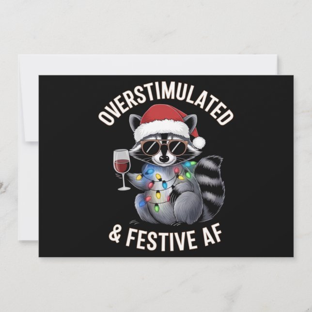 Overstimulated & Festive AF Raccoon Espresso Lover Holiday Card (Front)