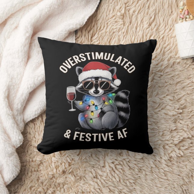 Overstimulated & Festive AF Raccoon Espresso Lover Throw Pillow (Blanket)
