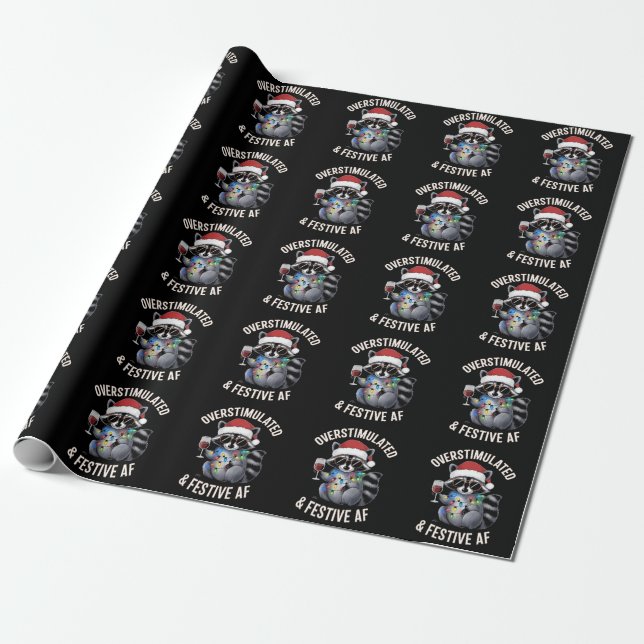 Overstimulated & Festive AF Raccoon Espresso Lover Wrapping Paper (Unrolled)