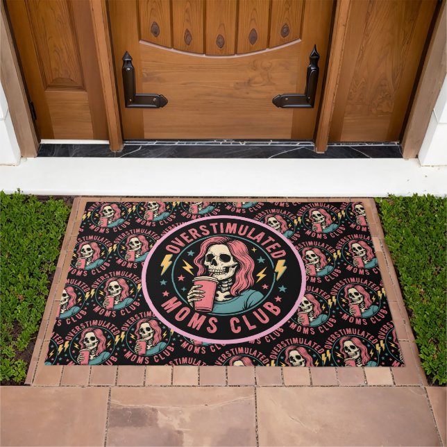 Overstimulated Moms Club Skull Messy Mom Life Doormat (Outdoor)