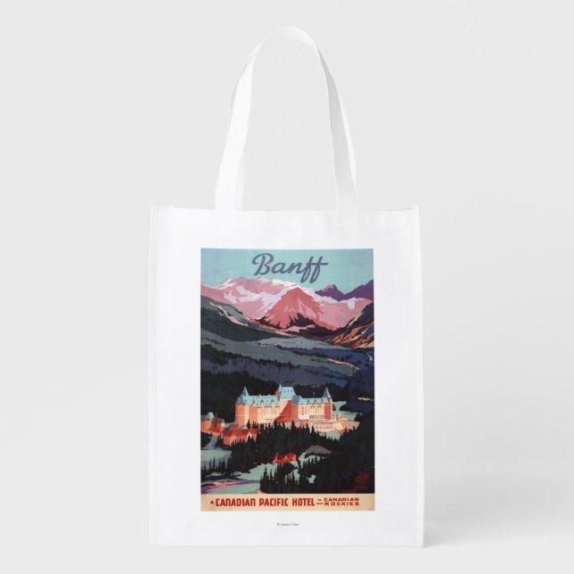 Overview of the Banff Springs Hotel Poster Reusable Grocery Bag (Front)