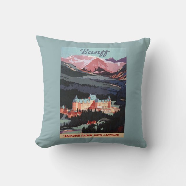 Overview of the Banff Springs Hotel Poster Throw Pillow (Front)