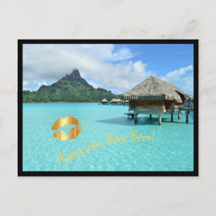 Overwater resort in Bora Bora lagoon with kisses Postcard