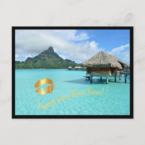 Overwater resort in Bora Bora lagoon with kisses Postcard