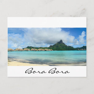 Overwater resort on Bora Bora pano text postcard