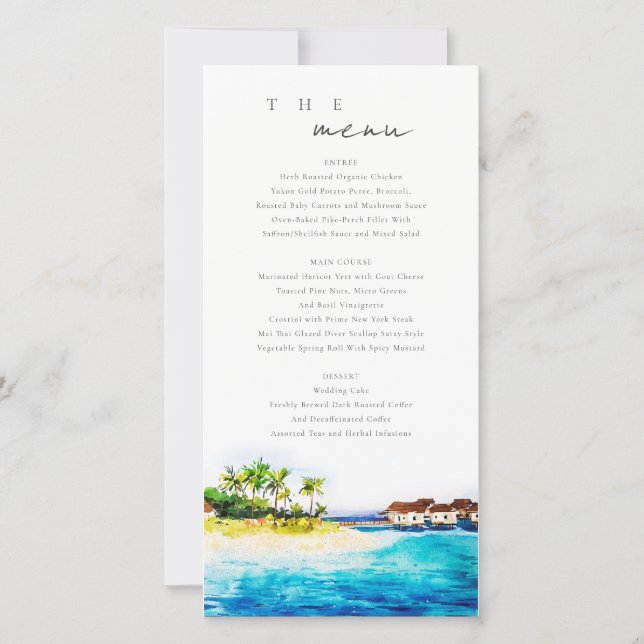 Overwater Villa Seascape Beach Wedding Menu Card (Front)