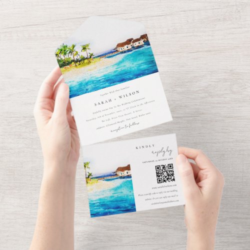Overwater Villa Seascape Beach Wedding QR Code All In One Invitation