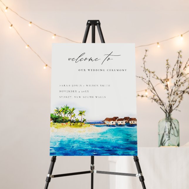 Overwater Villa Seascape Beach Wedding Welcome Foam Board (In Situ (Stand))