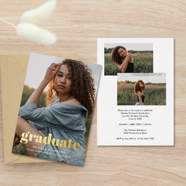 Overylay Bold Gold Typography Photos Graduation Foil Invitation (Creator Uploaded)