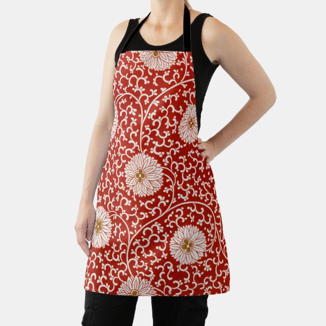Owen Jones Chinese Ornament Red White Floral Apron (Insitu)