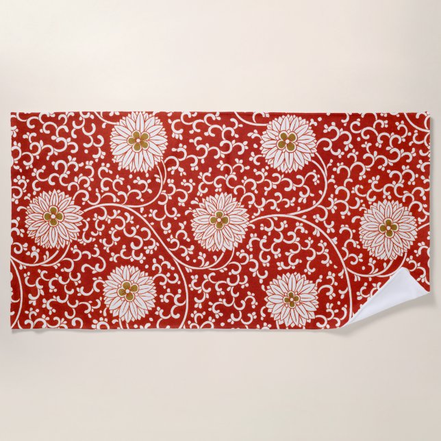 Owen Jones Chinese Ornament Red White Floral Beach Towel (Front)