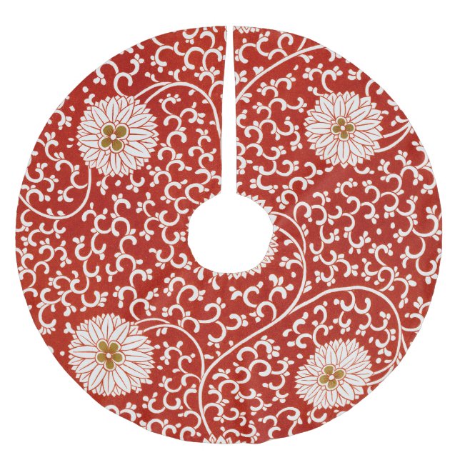Owen Jones Chinese Ornament Red White Floral Brushed Polyester Tree Skirt (Front)