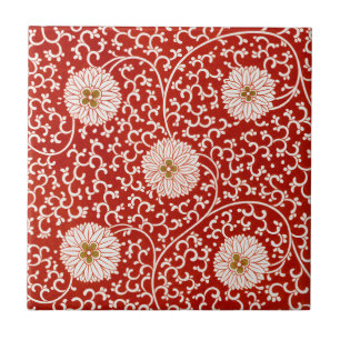 Owen Jones Chinese Ornament Red White Floral Ceramic Tile