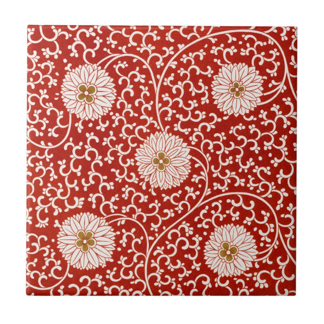Owen Jones Chinese Ornament Red White Floral Ceramic Tile (Front)