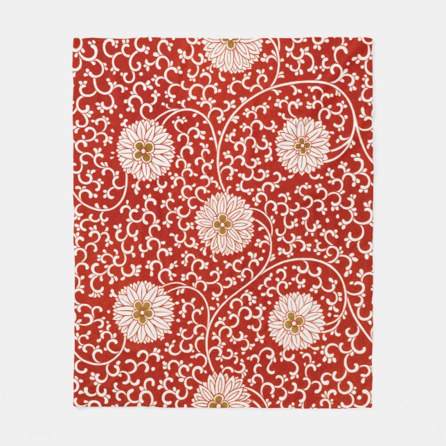 Owen Jones Chinese Ornament Red White Floral Fleece Blanket (Front)