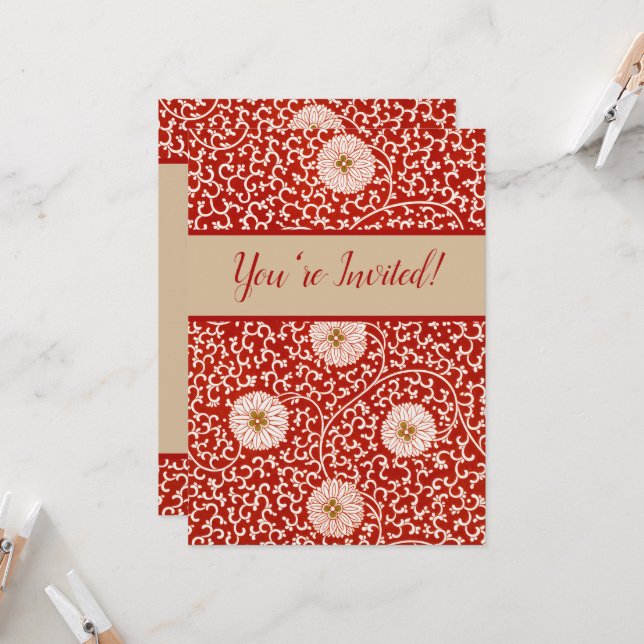 Owen Jones Chinese Ornament Red White Floral Invitation (Front/Back In Situ)