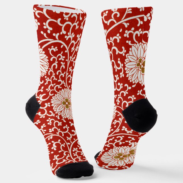 Owen Jones Chinese Ornament Red White Floral Socks (Angled)