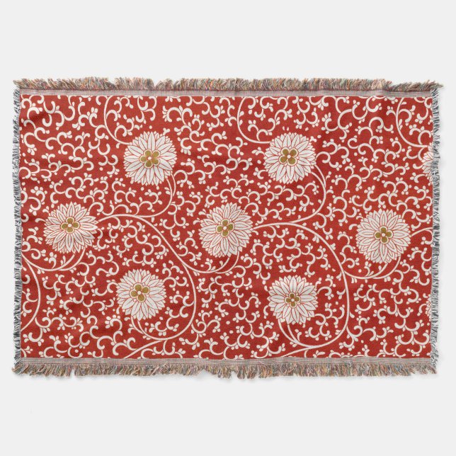 Owen Jones Chinese Ornament Red White Floral Throw Blanket (Front)