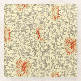 Owen Jones Vintage Pattern: Coral Floral Gray Glass Coaster