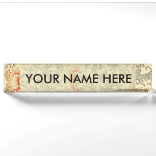 Owen Jones Vintage Pattern: Coral Floral Gray Name Plate