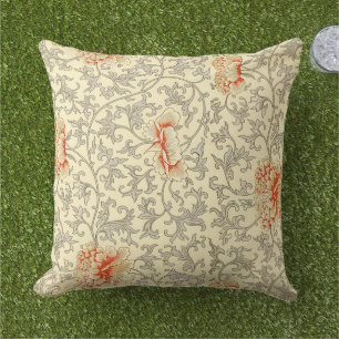 Owen Jones Vintage Pattern: Coral Floral Gray Outdoor Pillow