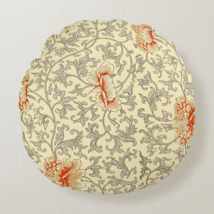 Owen Jones Vintage Pattern: Coral Floral Gray Round Pillow