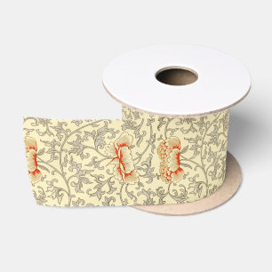 Owen Jones Vintage Pattern: Coral Floral Gray Satin Ribbon