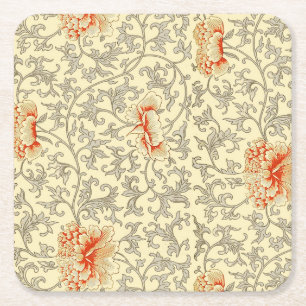 Owen Jones Vintage Pattern: Coral Floral Gray Square Paper Coaster