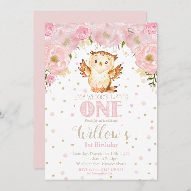 Owl 1st Birthday Invitation Blush Floral Girl (Front/Back)