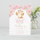Owl 1st Birthday Invitation Blush Floral Girl (Standing Front)