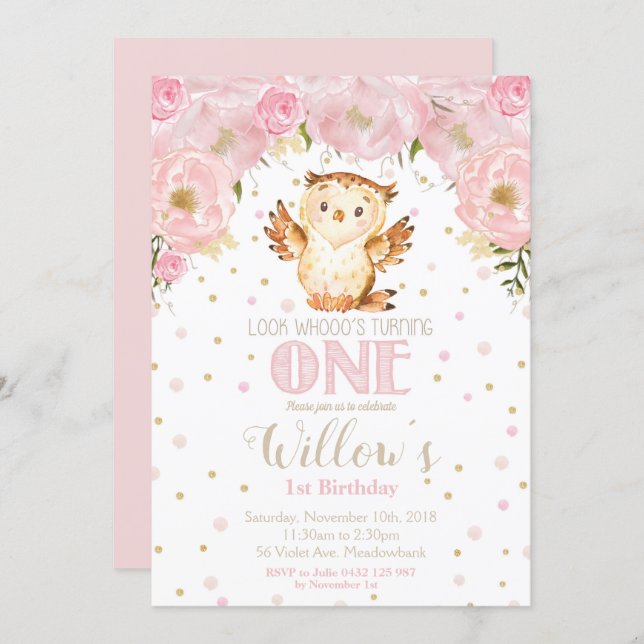 Owl 1st Birthday Invitation Blush Floral Girl (Front/Back)