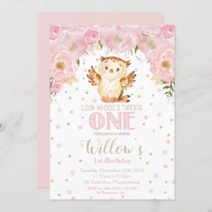 Owl 1st Birthday Invitation Blush Floral Girl