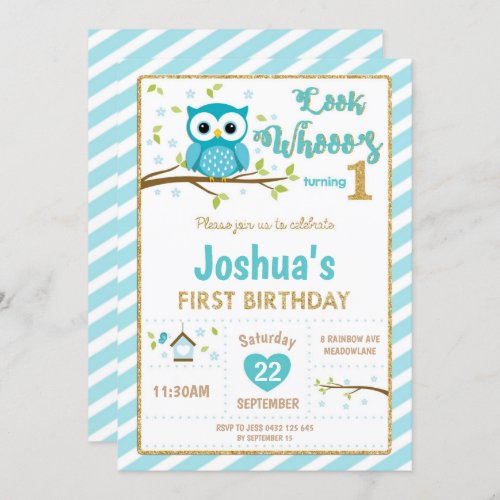 Owl 1st Birthday Invitation Boy Turquoise and Gold