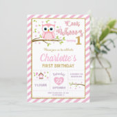 Owl 1st Birthday Invitation Girl Pink and Gold (Standing Front)