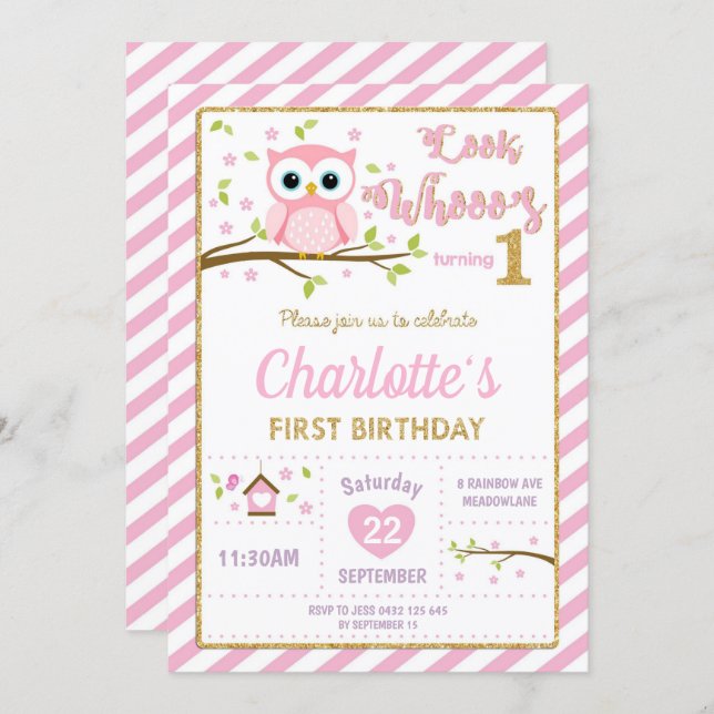 Owl 1st Birthday Invitation Girl Pink and Gold (Front/Back)