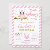 Owl 1st Birthday Invitation Girl Pink and Gold (Front)
