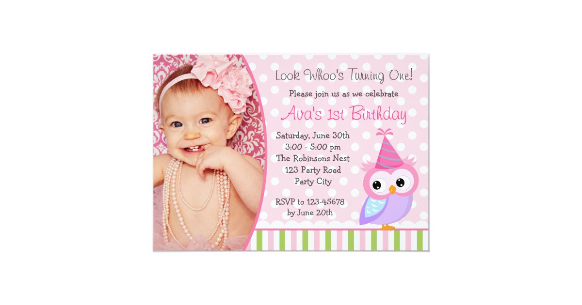 Owl 1st Birthday Invitation Photo Girls Pink Green Zazzle Com
