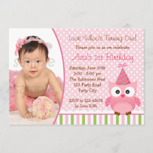 Owl 1st Birthday Invitation with Photo for Girls