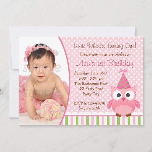 Owl 1st Birthday Invitation with Photo for Girls