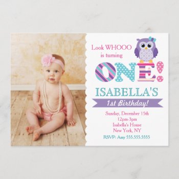 Owl 1st Birthday Invitations For Girl by Petit_Prints at Zazzle