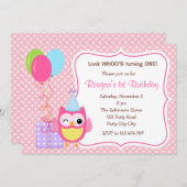 Owl 1st Birthday Invitations for Girls (Balloons) (Front/Back)