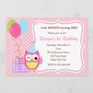 Owl 1st Birthday Invitations for Girls (Balloons)