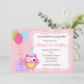 Owl 1st Birthday Invitations for Girls (Balloons) (Standing Front)