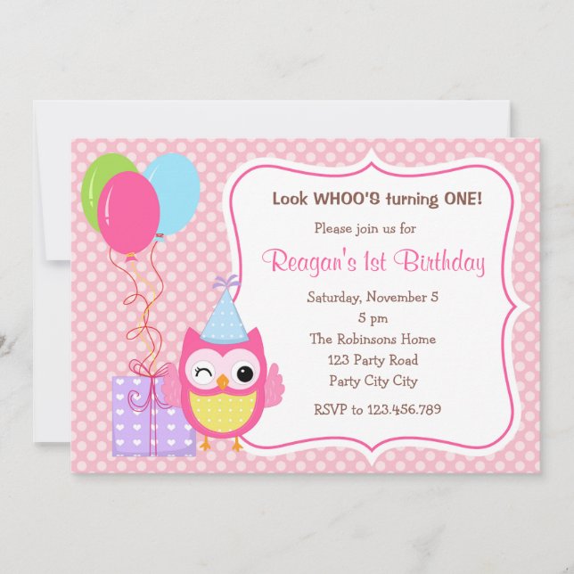 Owl 1st Birthday Invitations for Girls (Balloons) (Front)