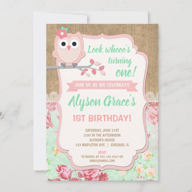 Owl 1st birthday invitations, girl owl birthday invitation (Front)