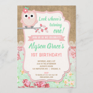 Owl 1st birthday invitations, girl owl birthday invitation