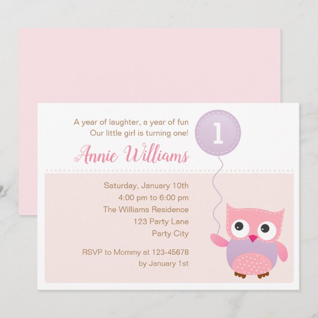 Owl 1st Birthday Invitations (Girls) with Balloon (Front/Back)