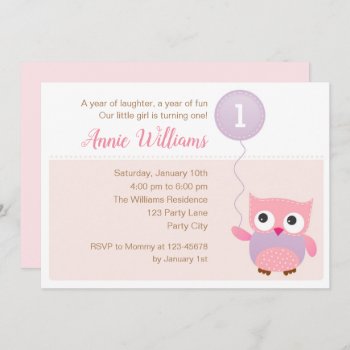Owl 1st Birthday Invitations (girls) With Balloon by CallaChic at Zazzle
