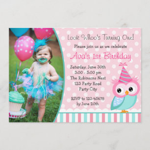 Owl 1st Birthday Invitations with Photo Turquoise